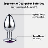 3-inch smooth stainless steel adult toys with glittering pink, sapphire blue, and amethyst purple gem bases