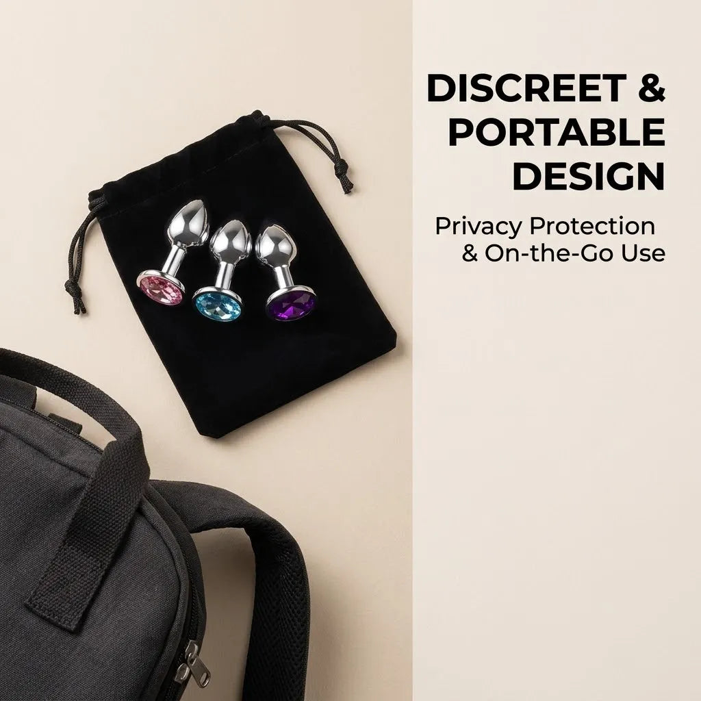 A collection of jewelry-style stainless steel intimate plugs with distinct colored gemstone end caps