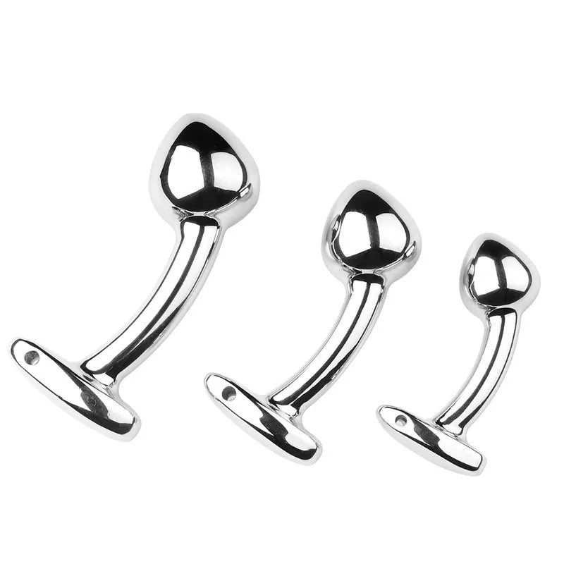 Three sizes of curved stainless steel butt plugs with a smooth, polished silver finish