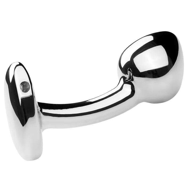 Set of three metallic silver anal plugs ranging in size on a seamless white background