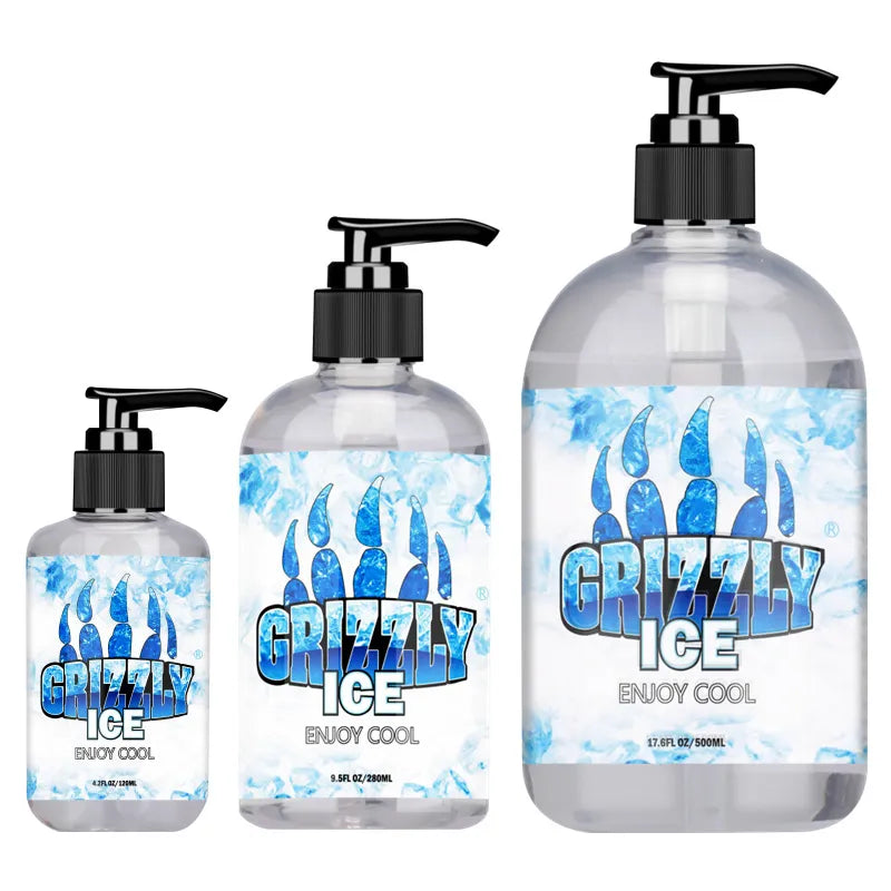 Three different sizes of Grizzly Ice cooling water-based personal lubricant in clear pump bottles