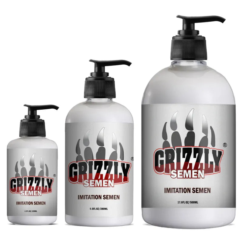 Three different sizes of Grizzly imitation semen water-based lubricant in clear pump bottles