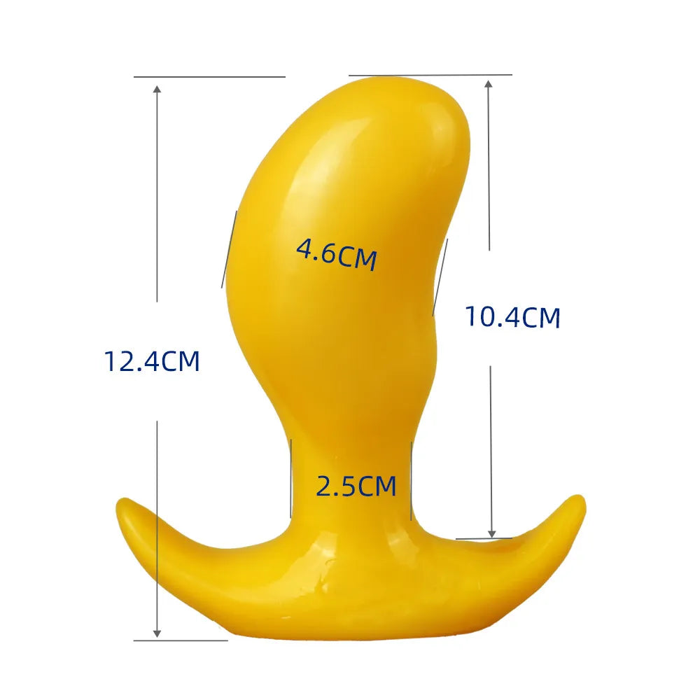Yellow silicone wellness product with a flared base and curved shaft