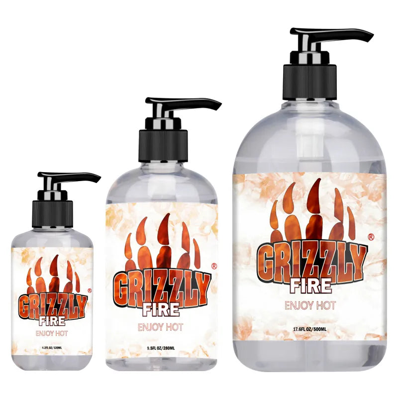 Three different sizes of Grizzly Fire warming water-based personal lubricant in clear pump bottles